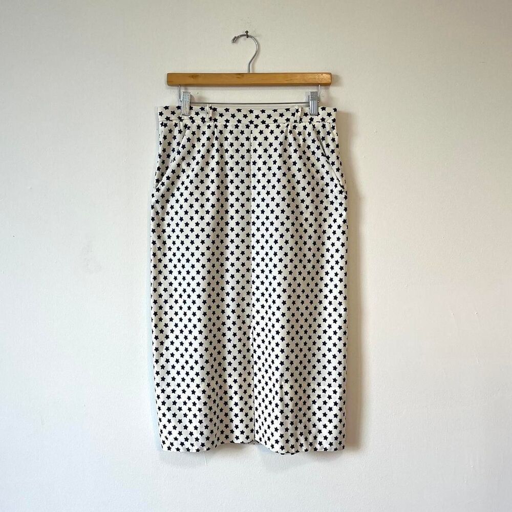 White Navy Star Print Vintage Straight Midi Skirt 70s 80s M 29 Waist